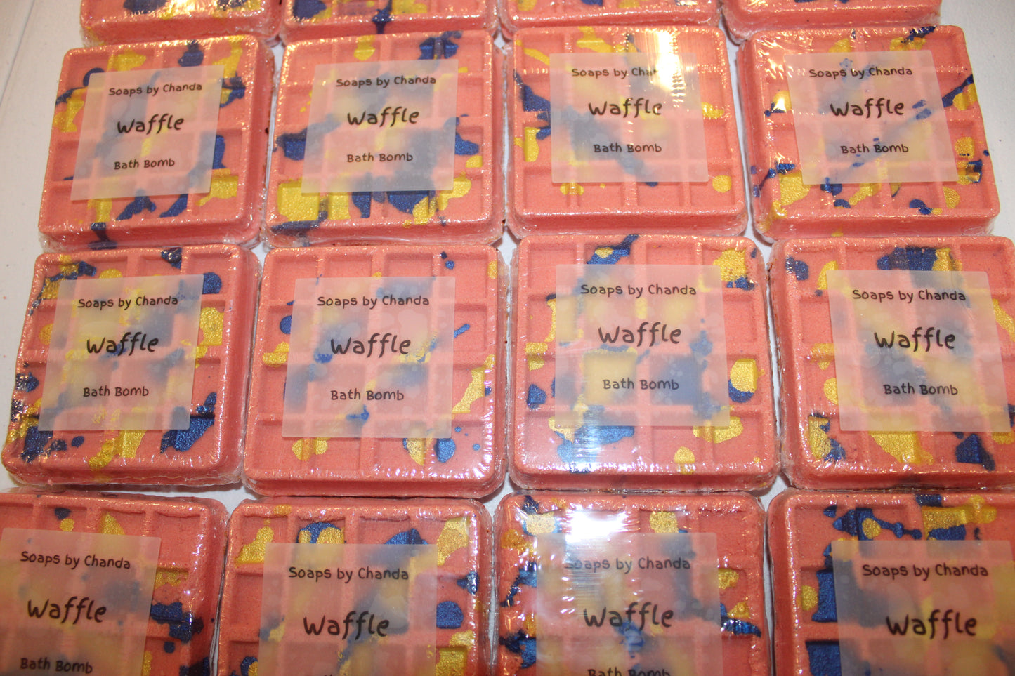 This is a view looking down at the waffle bath bombs all packaged.