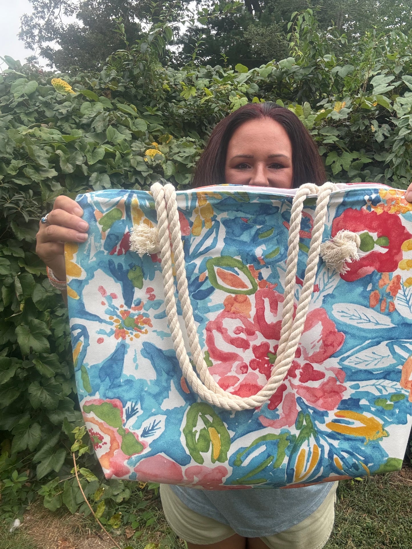 Floral Beach Tote Bag with lining and inner pockets