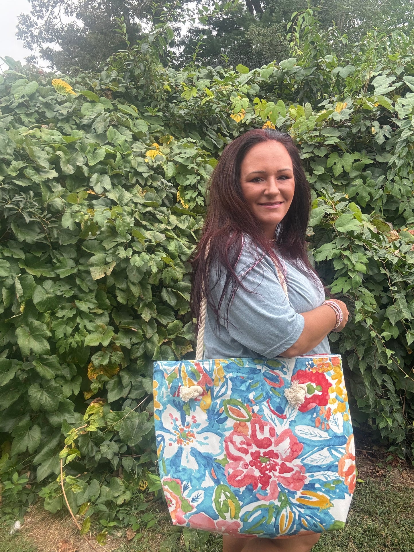 Floral Beach Tote Bag with lining and inner pockets